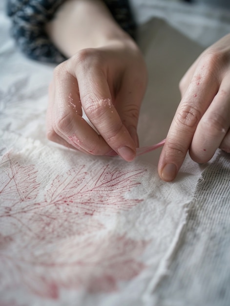 ręce haftujące kwiatowy wzór